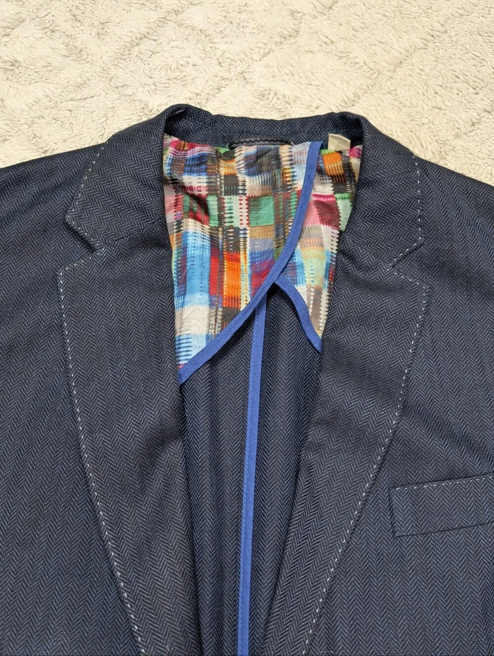 Robert Graham Jacket Mens 42R Blue Herringbone Linen Blend Unstructured Blazer
